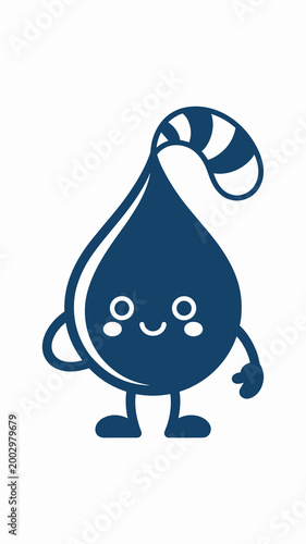 Joyful Blue Water Drop Character with Striped Tail, Waving Friendly, Standing on Tiny Feet, Perfect for Children's Books, Educational Content, Eco-Branding, Health Campaigns, Hydration Awareness, and