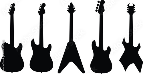 Electric guitar silhouettes with diverse body shapes and headstock designs for music, rock, and entertainment design projects