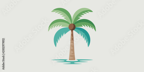 Stylized Palm Tree Illustration Standing Tall in Calm Turquoise Water with Ripples, Symbolic of Tropical Paradise Getaways, Vacation Relaxation, Summer Holidays, Beach Escapes, and Island Life; Modern