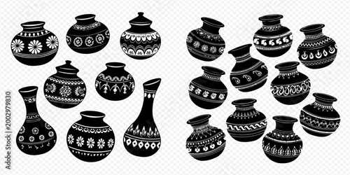 Set of traditional Indian pottery and vases with decorative patterns, vector illustration.