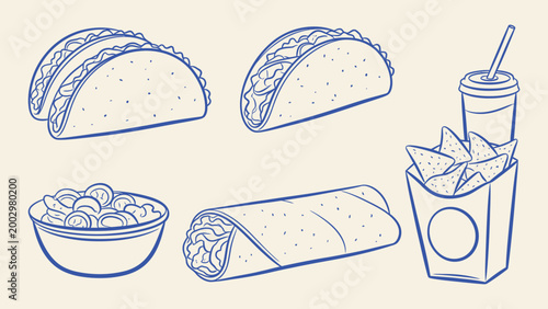 Mexican fast food set with tacos burrito nachos and soda blue line art vector illustration isolated on cream background