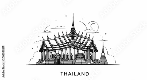 Stylized black and white sketch of a Thai temple with clouds and stars