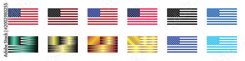 USA flag flat icon set with traditional colors and premium metallic gradients.