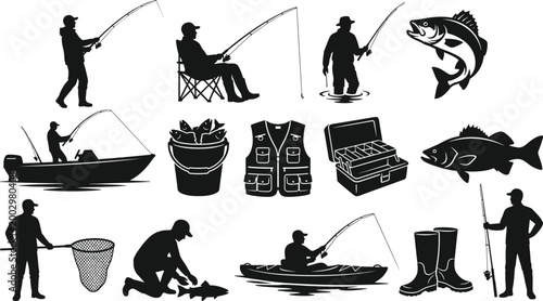 Fishing activity silhouette vector set featuring anglers casting, boating, kayaking, netting, and handling fish with gear and accessories
