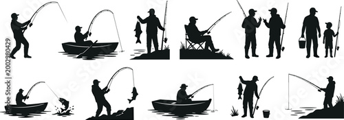 Fishing scene silhouette vector set featuring anglers casting, boating, reeling, and holding fish with gear and accessories
