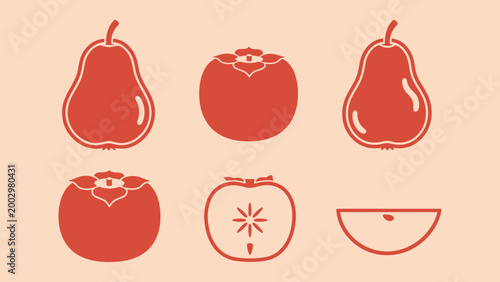 Minimalist flat vector illustration set of pears and persimmons icons isolated on peach background