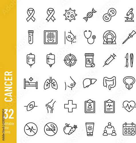 Oncology and cancer awareness line icon set for medical diagnostic treatment and patient healthcare support