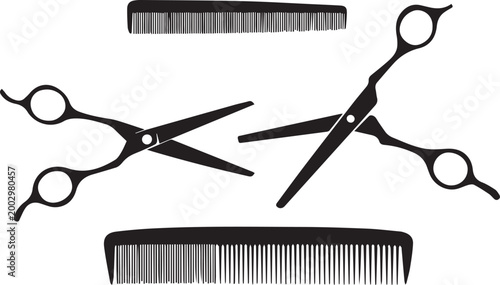 Hairdresser equipment silhouette set featuring scissors and styling combs