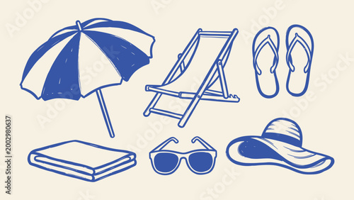 Collection of hand drawn blue summer beach accessories including umbrella deck chair and sunglasses isolated on light background