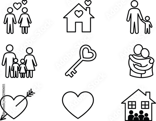 Love and family icon silhouette illustration set, vector design for relationship, home, and lifestyle artwork