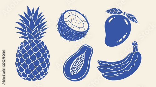 Set of blue tropical fruit illustrations including pineapple coconut mango papaya and banana isolated on cream background