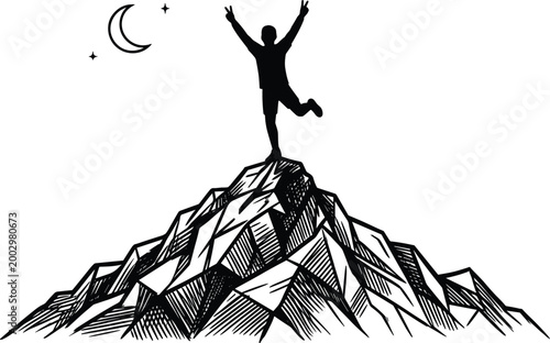 Mountain summit victory silhouette vector featuring triumphant climber with raised arms, crescent moon, and stars in rugged landscape