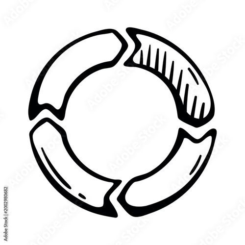 Circle process chart icon for business cycle. Hand drawn doodle illustration of round arrow diagram with four segments for workflow management.