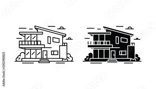 Modern two-story house architecture illustration in both linear and solid black silhouette styles for real estate or property development branding