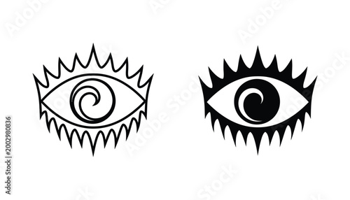 Abstract eye symbol with spiky lashes and spiral pupil in both linear and solid black silhouette styles for mystical or visionary graphic design