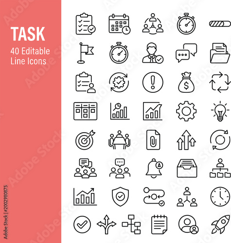 Professional task management and business workflow thin line icons for project planning and team productivity
