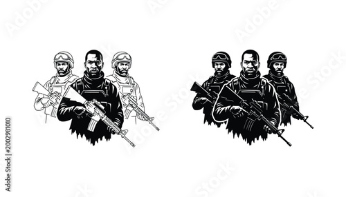 Elite special forces military squad vector illustration with soldiers holding assault rifles in tactical gear and helmets displayed in both outline and solid black silhouette for security concepts