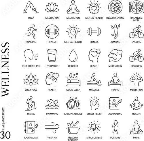 Wellness and healthy lifestyle thin line icon set featuring yoga, meditation, fitness, and nutrition concepts