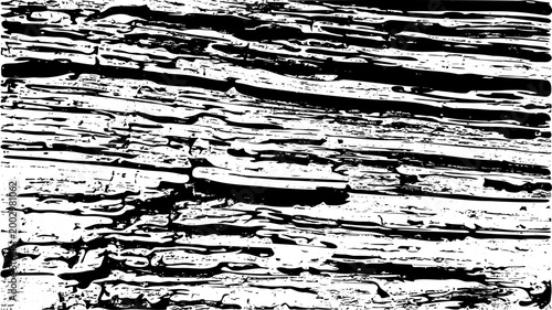 Grunge horizontal wood grain texture background. Distressed black and white weathered timber plank.  Vector illustration with heavy grit, noise and rough splotch effect for rustic overlay design.