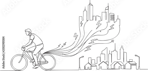 Person on Bicycle Pedaling to Generate Energy Powering City, Transport