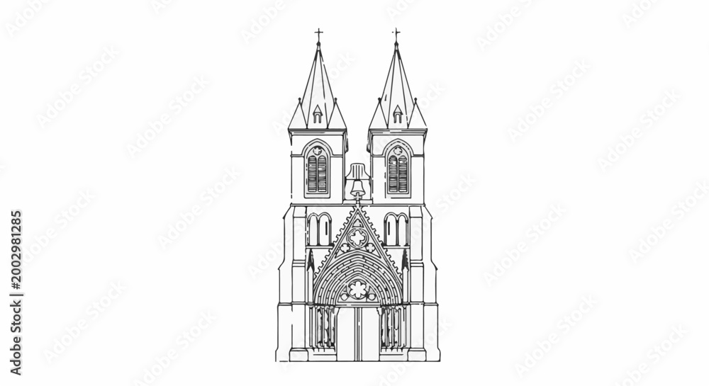Obraz premium Ornate twin-spired Gothic cathedral entrance with arched doorway and bell