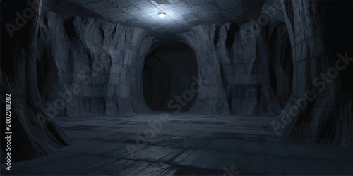Bild auf Leinwand Dimly lit interior of a dark rough hewn cave dim light interior underground stal