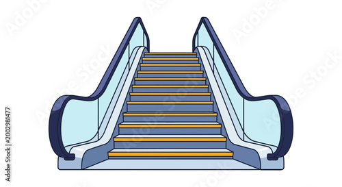 Modern escalator with glass railings and blue accents, isolated on white background.