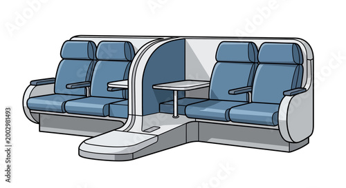 Modern train compartment with blue seats and table