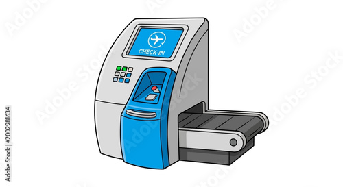 Self-service airport check-in kiosk with conveyor belt