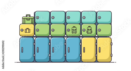 Row of colorful lockers with luggage and backpacks on top