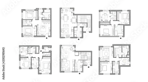 Set of architectural floor plans for modern apartments detailed technical drawings showing layout of rooms, furniture, kitchen, bathroom, and living areas