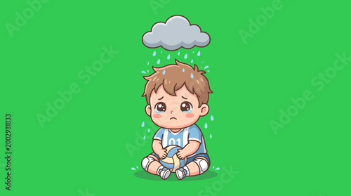 Sad Cartoon Boy Sitting Under a Rain Cloud with Tears.