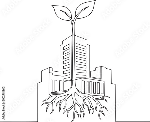 Green Plant Sprouting Inside Corporate Office Building, Sustainable Biz