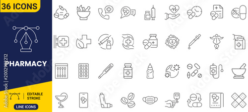 Essential pharmacy and healthcare line icons vector set, featuring 36 editable stroke symbols for medical apps, drugstores, health services, and digital design projects
