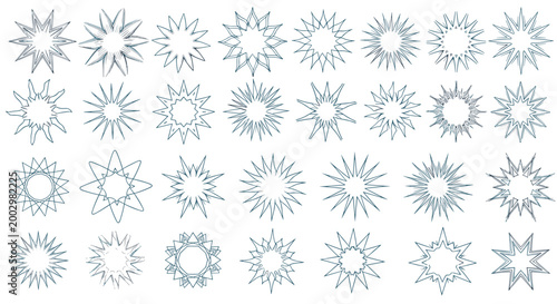 Large collection of diverse blue starburst and sunburst shapes with various point counts for creative design labels.