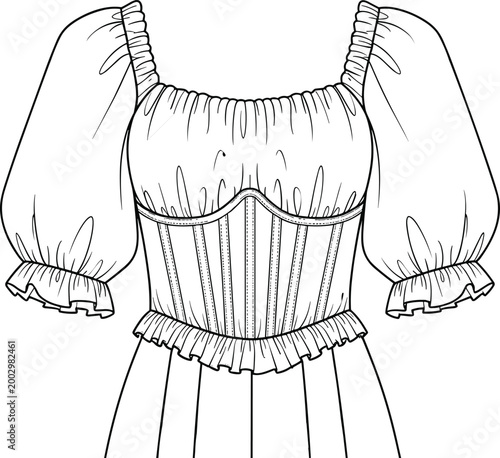 Fashion technical sketch of a women corset style puff sleeve peasant blouse with gathered neckline for apparel production and design