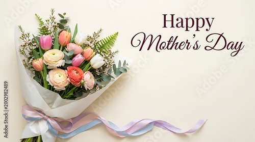 Happy Mother's Day greeting card, elegant spring flower bouquet with tulips and ranunculus, pastel floral arrangement on cream background