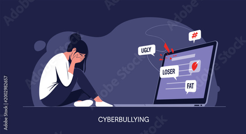 Cyberbullying concept illustration with girl crying next to laptop displaying hurtful and mean comments from social media.