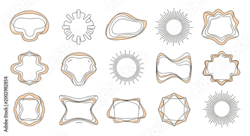 Diverse set of minimalist frames and sunburst shapes provides decorative border options for modern graphic design projects.