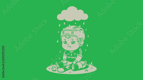 Sad Cartoon Character Sitting Under a Rain Cloud on Green Background.