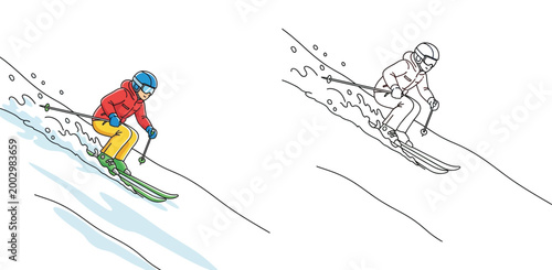 Vector illustration of a downhill skier on a snowy slope. Includes a colorful flat design version and a black-and-white line art outline, perfect for a coloring book or page.