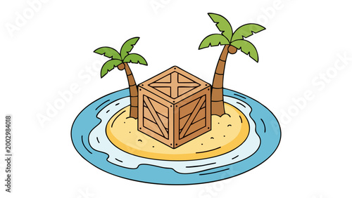 Wooden crate resting on a sandy tropical island surrounded by ocean waves and green palm trees showing concepts of shipping delivery logistics transport cargo maritime freight and supply chain