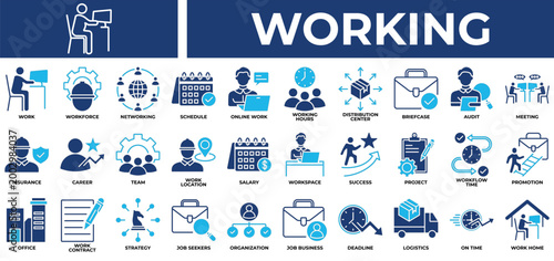 Working icon set collection. Containing organization, operation, logistics, networking, employment, planning, survey .Solid vector icons collection
