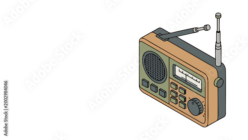 Retro analog radio receiver with extended metal antenna for listening to music and news broadcasts on frequency bands showing classic design features for vintage electronic communication