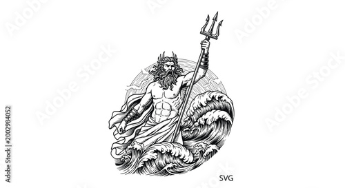Powerful Neptune God of Sea with Trident in Stormy Waves, Mythological Illustration