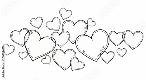 Hand-drawn hearts in various sizes arranged across a white background