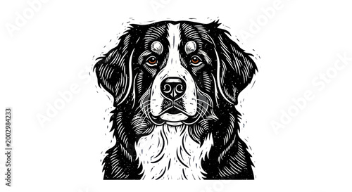 Bernese Mountain Dog Portrait - Linocut Style Illustration