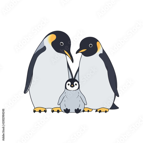 Cute Penguin Family: Parents and Baby Bird illustration