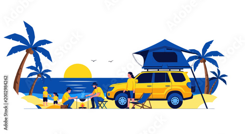 Family Camping Beach Vacation with SUV Rooftop Tent and Seaside Picnic
