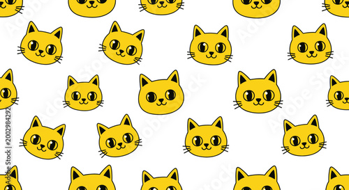 Cute Yellow Cat Faces Pattern, Kawaii Cartoon Animal Illustration Background